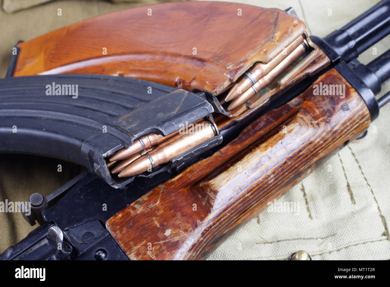 AK47 cartridge magazine on USSR Soviet Army khaki uniform background ...