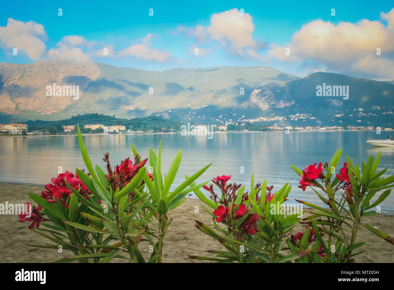 View across the sea to Zante from Alykanas in Greece. Part of the Ionain islands. Retro Colouring subtley applied. Stock Photo