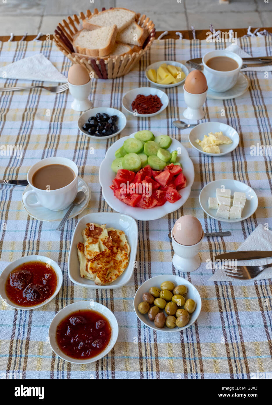 Traditional Turkish Cypriot breakfast served at the Revakli Ev Guest House, Dipkarpaz (Rizokarpaso) Northern Cyprus. Stock Photo
