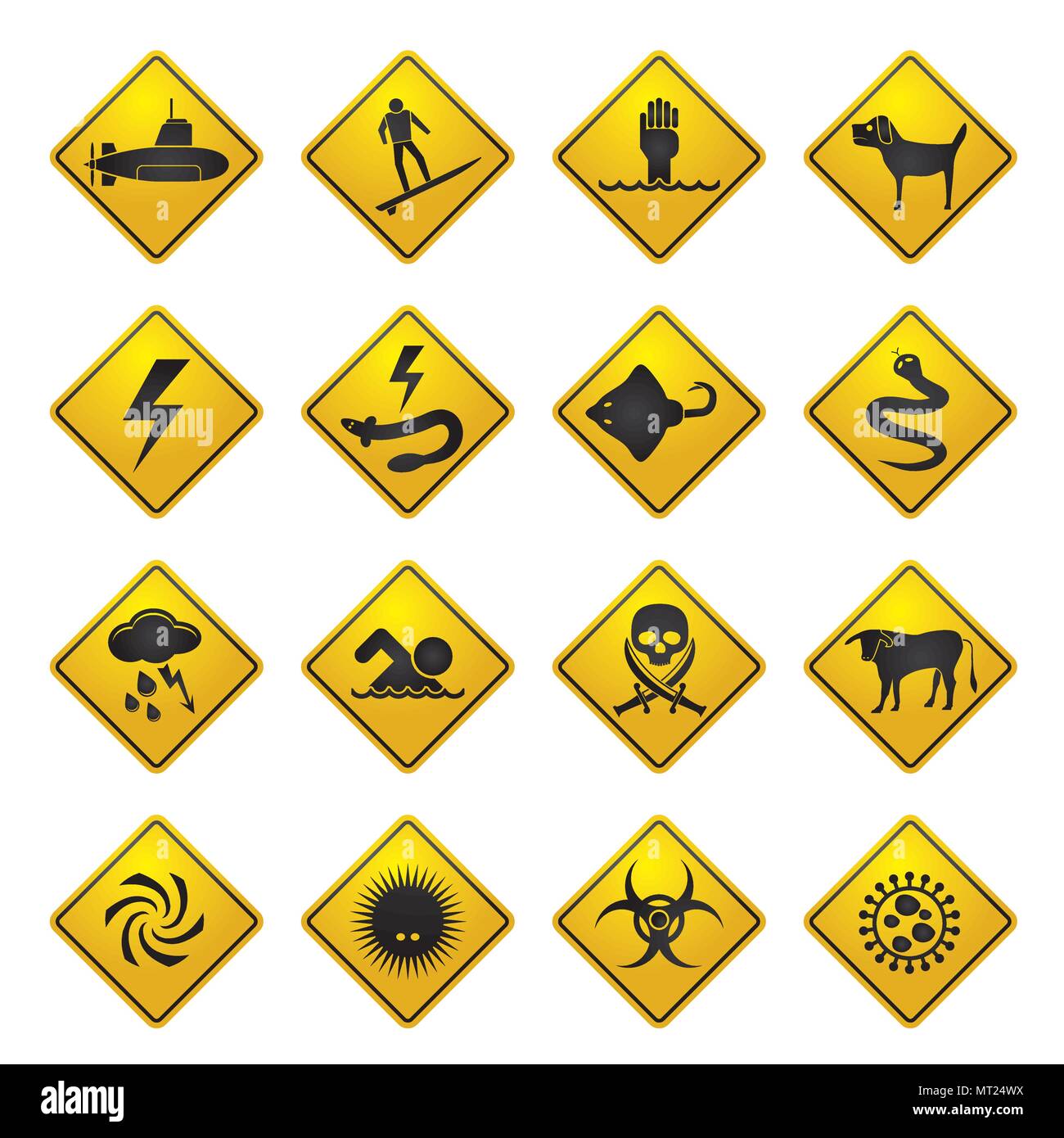 Warning Signs for dangers in sea, ocean, beach and rivers - vector icon set 2 Stock Vector