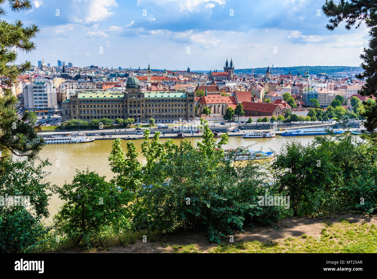 Aerial panoramic view of the old town and the Vlatava River from  Letna Garden in Prague, Czech Republic Stock Photo