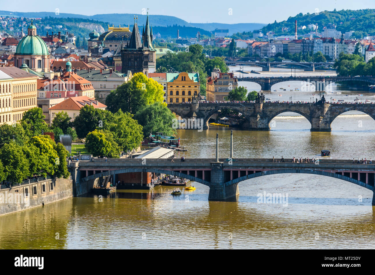 Aerial close-up view of the Charles Bridge and other bridges on the Vlatava River from  Letna Garden in Prague, Czech Republic Stock Photo