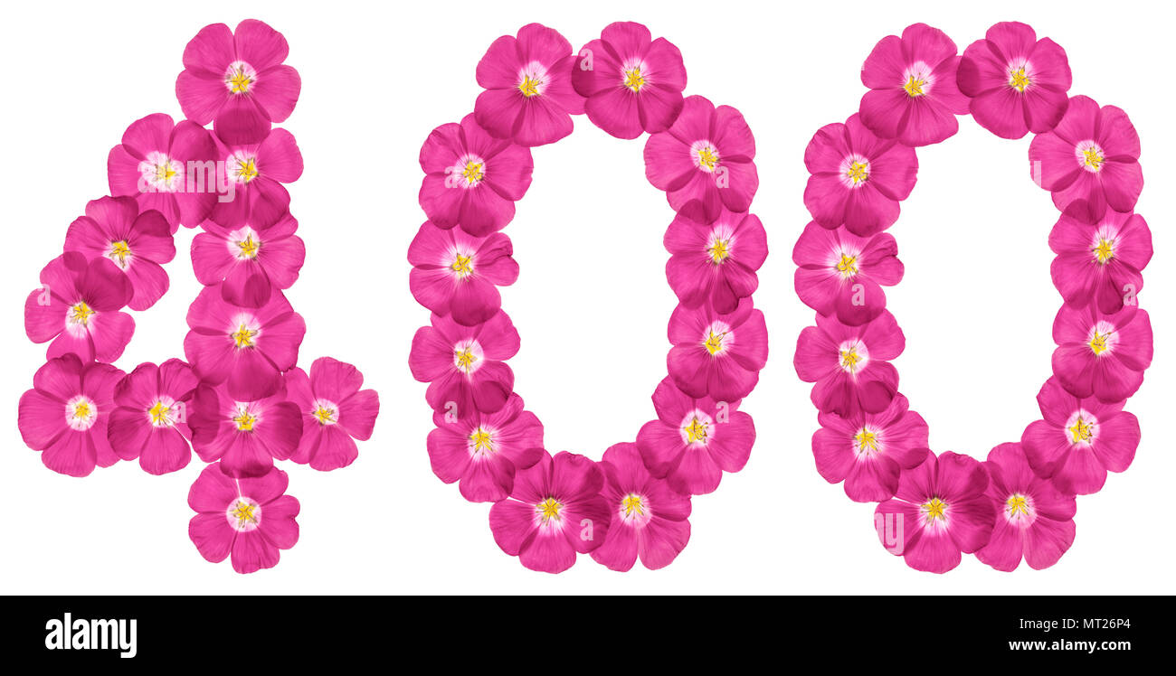 Arabic numeral 400, four hundred, from pink flowers of flax, isolated