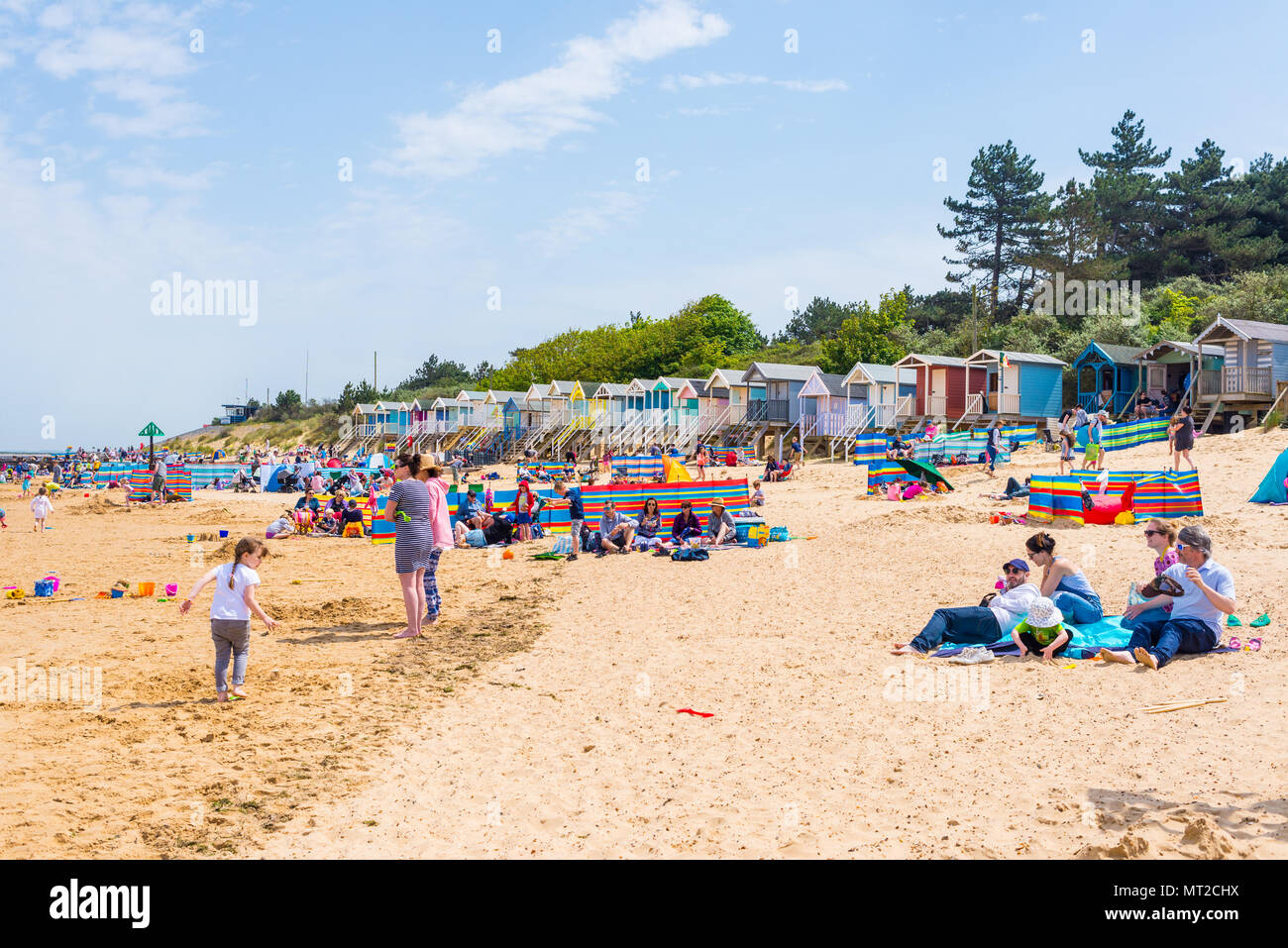 Wells-next-the-Sea, Norfolk, UK. 27th May 2018. People enjoying the sunny warm day during the Bank Holiday weekend  on the beach in Norfolk. Credit: Nicola Ferrari/Alamy Live News. Stock Photo