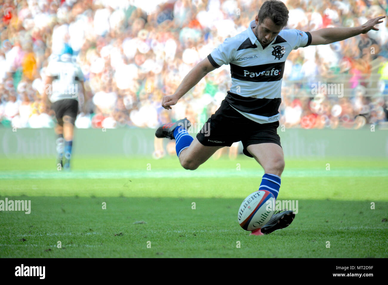 London, UK. 27th May 2018. Greg Laidlaw (Barbarians, Scrum Half) kicking the ball during the Barbarians V England Killik Cup match at Twickenham Stadium, London, UK.   The match was won by the Barbarian side in the end, 63-45.  While England is a national team, the Barbarians have no home ground or clubhouse. They’re a touring club that plays at the invitation of clubs or unions and have visited all parts of the home unions. Overseas, the club has played in 25 countries, most recently Tunisia, Spain, Georgia and Portugal, thus spreading the Barbarian tradition. Credit: Michael Preston/Alamy Li Stock Photo