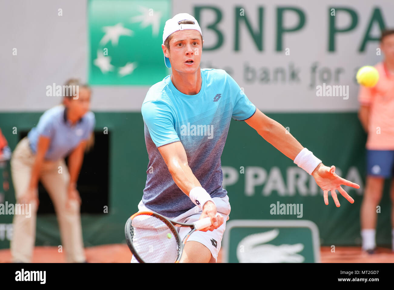 Paris, France. 27th May, 2018. Maxime Janvier (FRA) Tennis : Maxime Janvier  of France during the Men's singles first round match of the French Open  tennis tournament against Kei Nishikori of Japan
