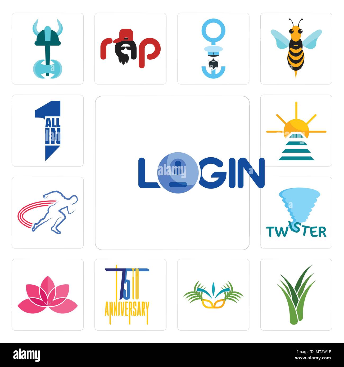 Set Of 13 simple editable icons such as login, aloe vera, carnaval, 75th  anniversary, lotos, twister, track and field, rise shine, all in one can be  u Stock Vector Image & Art -