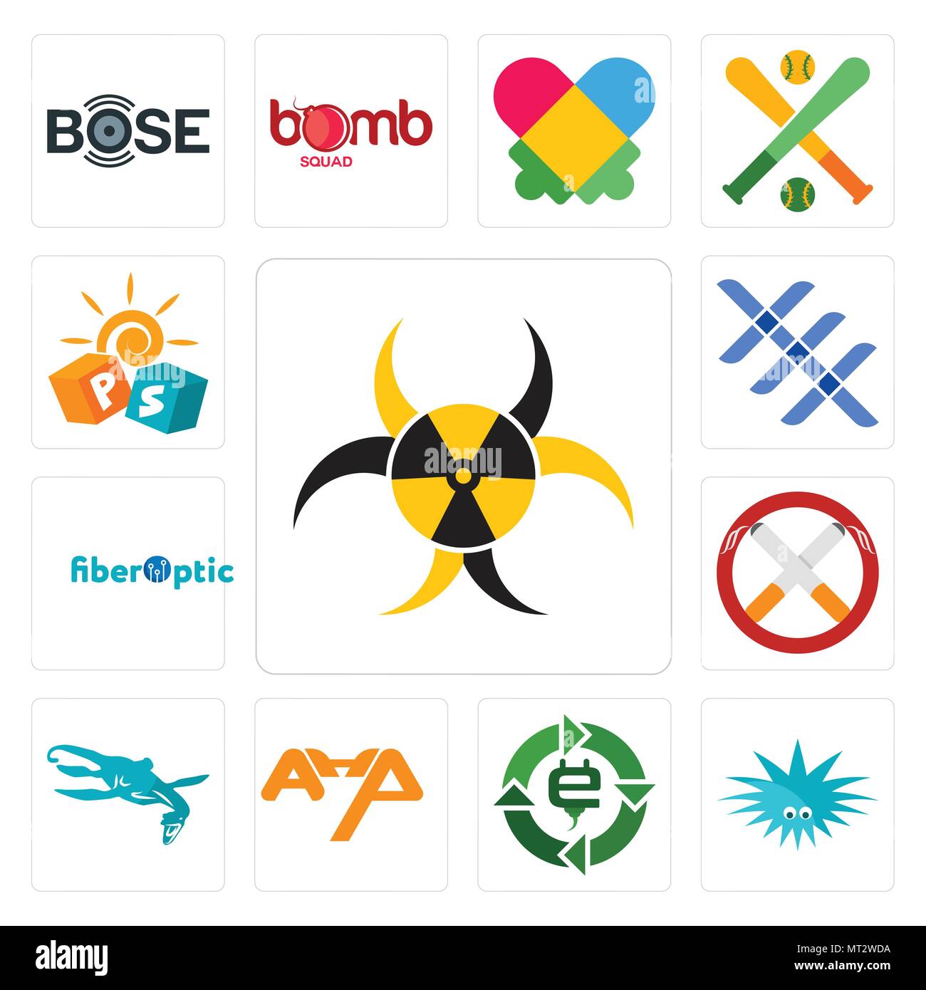 Set Of 13 simple editable icons such as quarantine, urchin, e waste, ahp, loch ness monster, non smoking, fiber optic, triple x, pre school can be use Stock Vector