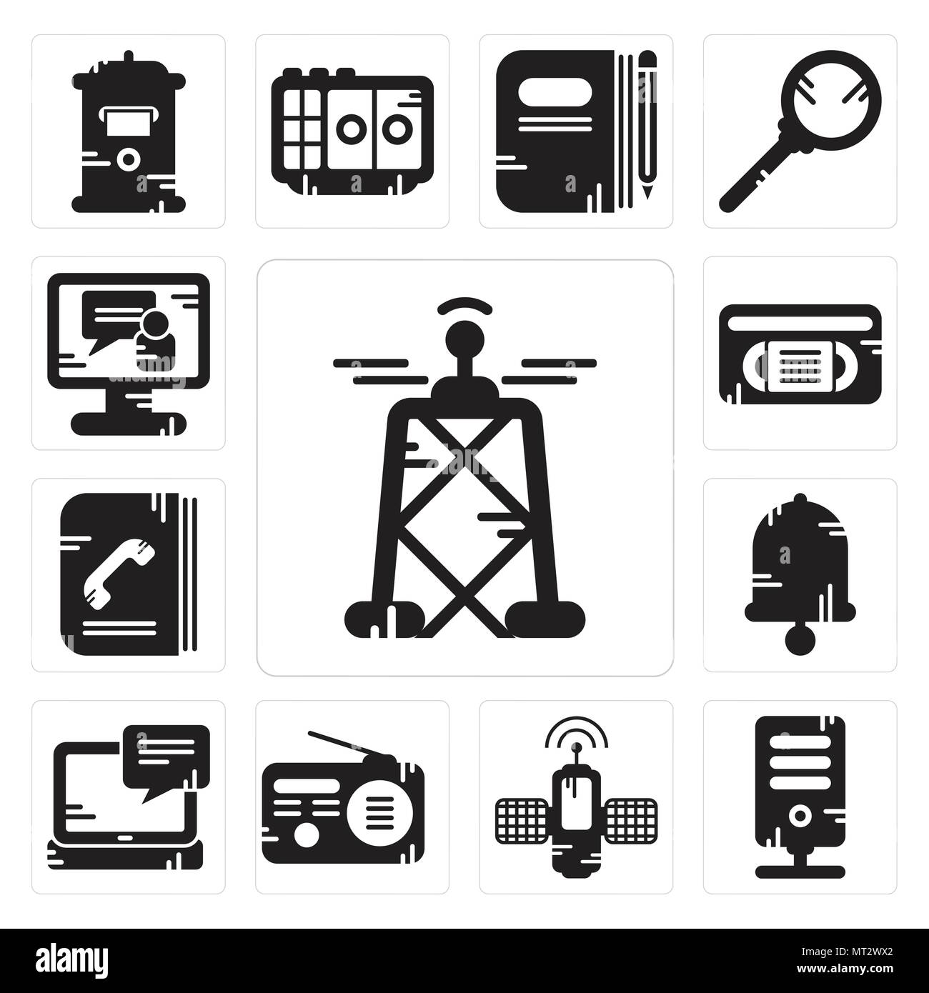 Set Of 13 simple editable icons such as Antenna, Server, Satellite, Radio, Laptop, Bell, Phone book, Vhs, Video call can be used for mobile, web UI Stock Vector