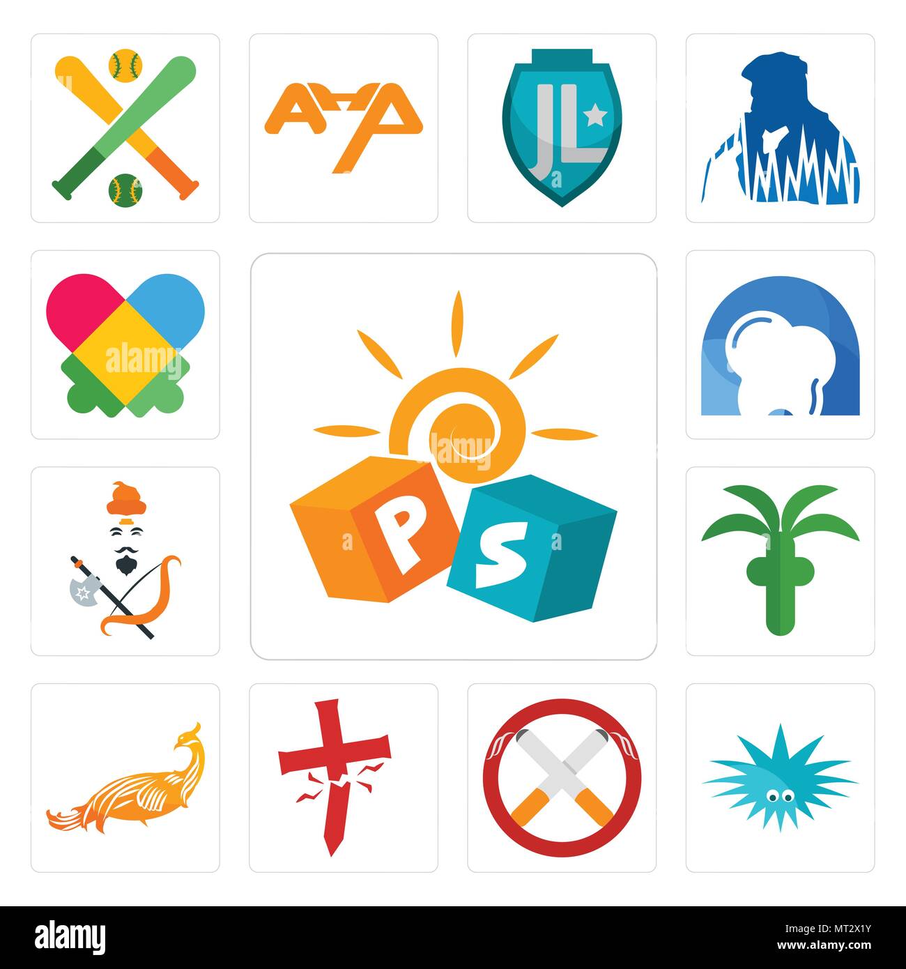 Set Of 13 simple editable icons such as pre school, urchin, non smoking, antichrist, golden peacock, church, brahmin, d dentist, autism can be used fo Stock Vector