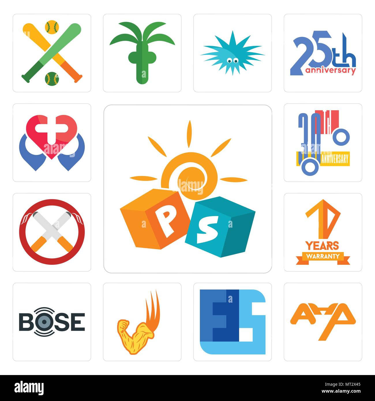 Set Of 13 simple editable icons such as pre school, ahp, ffs, superpower, bose, 10 years warranty, non smoking, 30th anniversary, healt can be used fo Stock Vector