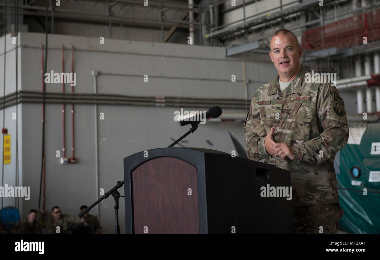 Col. Phillip Noltemeyer, the 455th Expeditionary Mission Support Group commander, speaks to 455th EMSG Airmen and guests after taking command of the 455th EMSG at Bagram Airfield, Afghanistan, July 20, 2017. Noltemeyer is a career logistics readiness officer and has served as a squadron commander multiple times. (U.S. Air Force photo by Staff Sgt. Benjamin Gonsier) Stock Photo