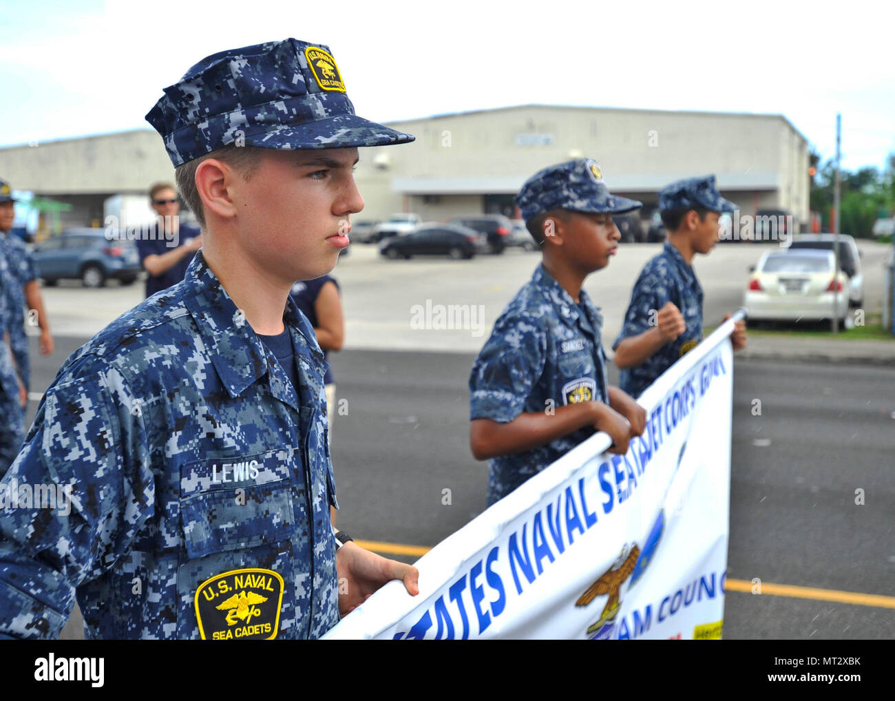 170721-N-YJ133-384  HAGATNA, Guam (July 21, 2017) Sea cadets from U.S. Naval Sea Cadet Corps Marianas Division Guam march during Guam's annual Liberation Day Parade in Hagatna, Guam, July 21. The 2017 Guam Liberation Parade celebrates the 73rd anniversary of the liberation of Guam from Japanese occupation by U.S. forces during World War II. Land, homeported in Guam, provides maintenance, hotel services and logistical support to submarines and surface ships in the U.S. 5th and 7th Fleet areas of operations. (U.S. Navy photo by Mass Communication Specialist 2nd Class Richard Miller/Released) Stock Photo