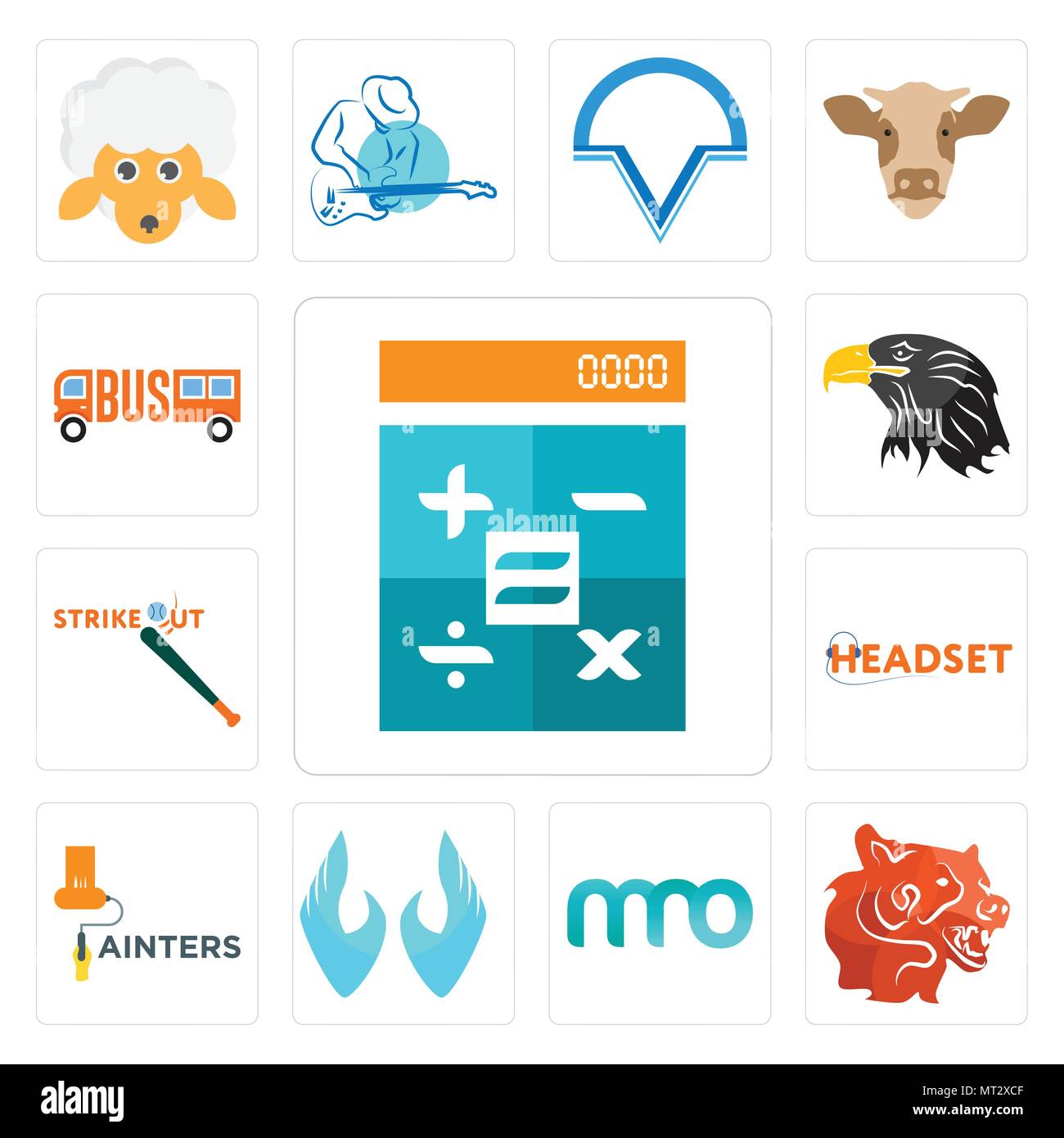 Set Of 13 simple editable icons such as calculator, bear head, 3 letter, two hands, painters, headset, strike out, eagle  can be used for mobile, web  Stock Vector