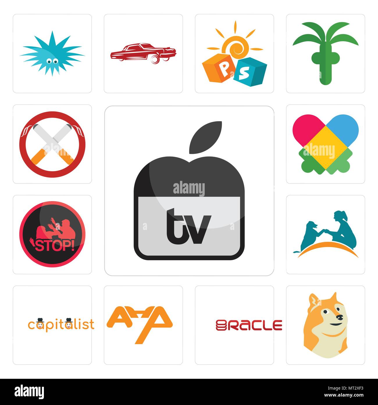 Set Of 13 simple editable icons such as apple tv, doge, oracle, ahp, capitalist, dog training, domestic violence, autism, non smoking can be used for  Stock Vector