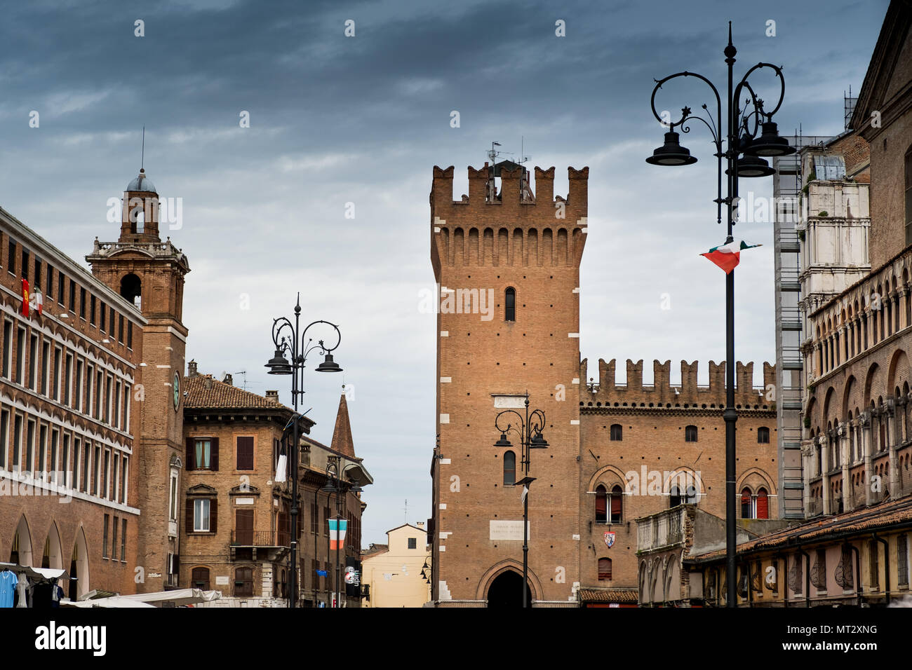 FERRARA, ITALY - Trieste and Trento square with Victoria tower and Clock tower, Ferrara, Emilia-Romagna, Italy Stock Photo