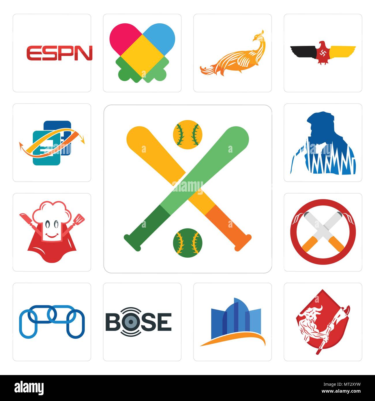 Set Of 13 simple editable icons such as fantasy baseball, minotaur, constraction, bose, chainlink, non smoking, super chef, beatbox, bookkeeping can b Stock Vector