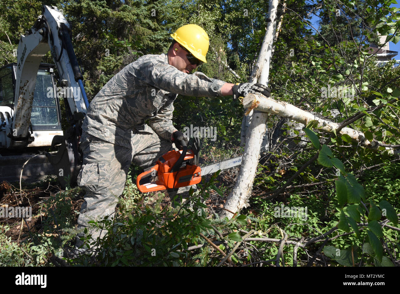 Oregon Air National Guard Staff Sgt. Daniel Hagemier, assigned to the 142nd Fighter Wing Civil Engineers, uses a chain saw to clear trees and form a path to extend a public trail at Niven Lake at City of Yellowknife, Northwest Territories, Canada, July 18, 2017. As one of many projects during the 142nd CES Deployment for Training (DFT) the Niven Lake trail will connect two unfinished parts providing greater access to the community. (U.S. Air National Guard photo/Master Sgt. John Hughel, 142nd Fighter Wing Public Affairs) Stock Photo