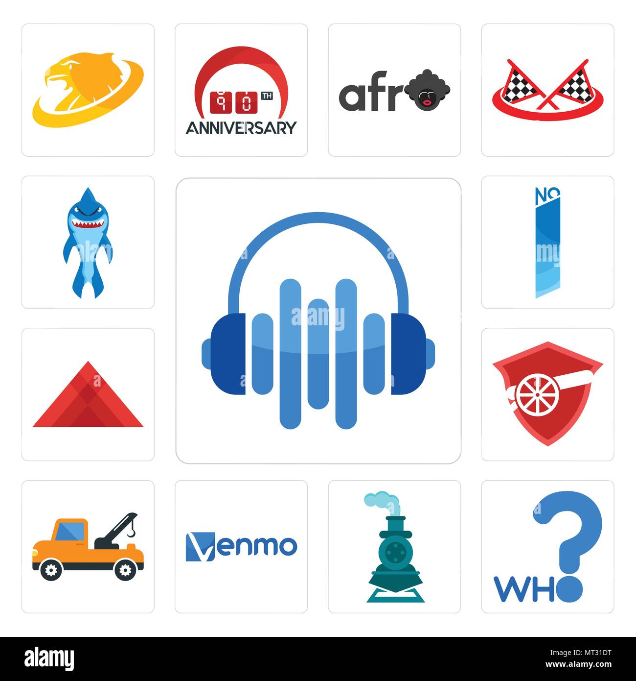Set Of 13 simple editable icons such as audio visual, who, , venmo, tow truck, pyramid, no 1, shark mascot can be used for mobile, web UI Stock Vector