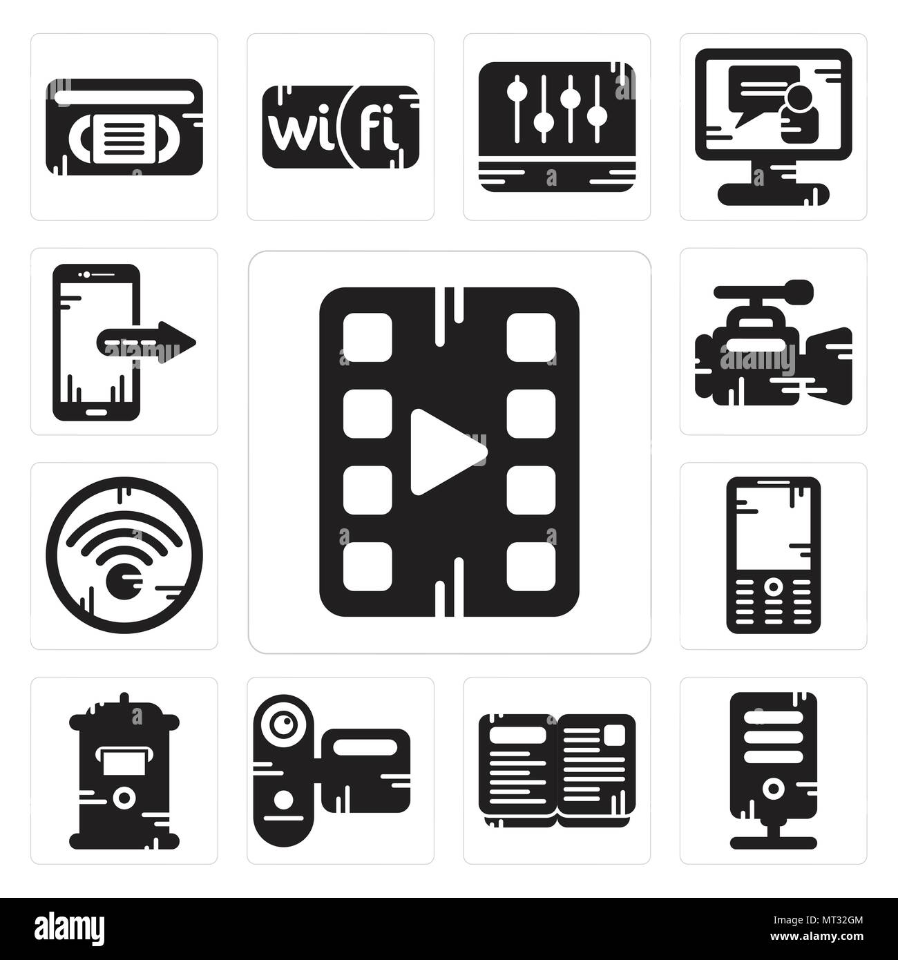 Set Of 13 simple editable icons such as Video player, Server, Open book, Camcorder, Mailbox, Mobile phone, Wifi, camera, Smartphone can be used for mo Stock Vector