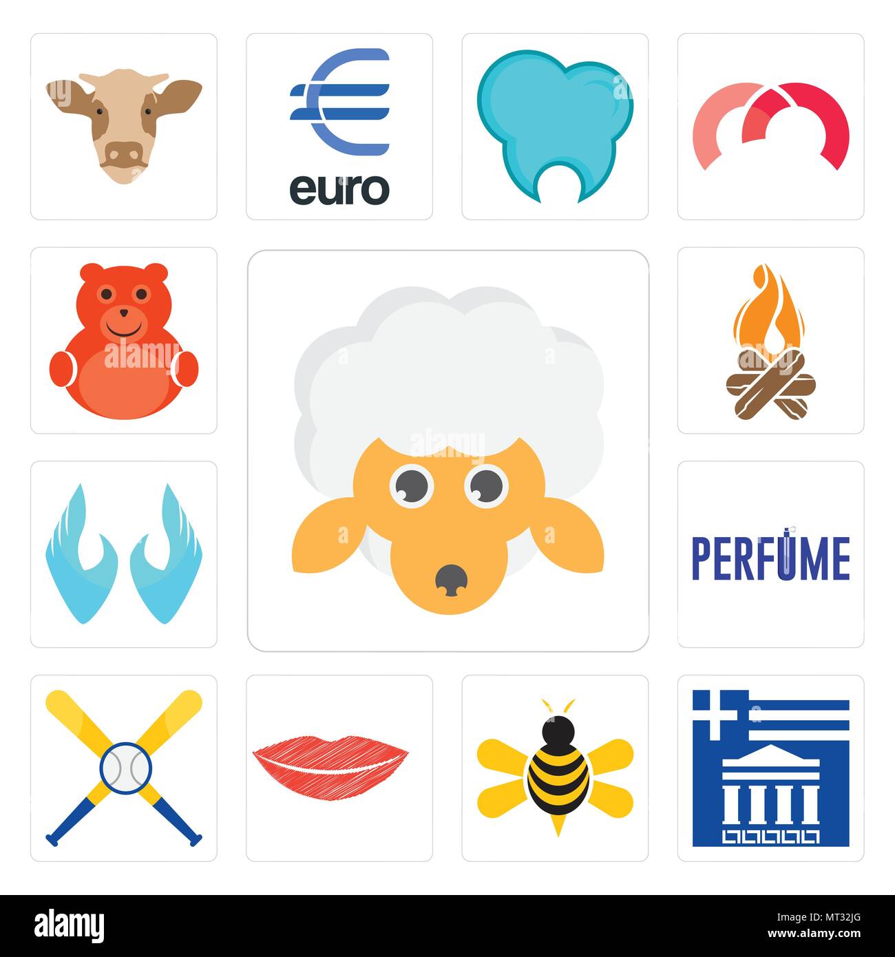 Set Of 13 simple editable icons such as, greek, honey bee, lip, baseball team, two hands, bonfire, cute bear can be used for mobile, web UI Stock Vector