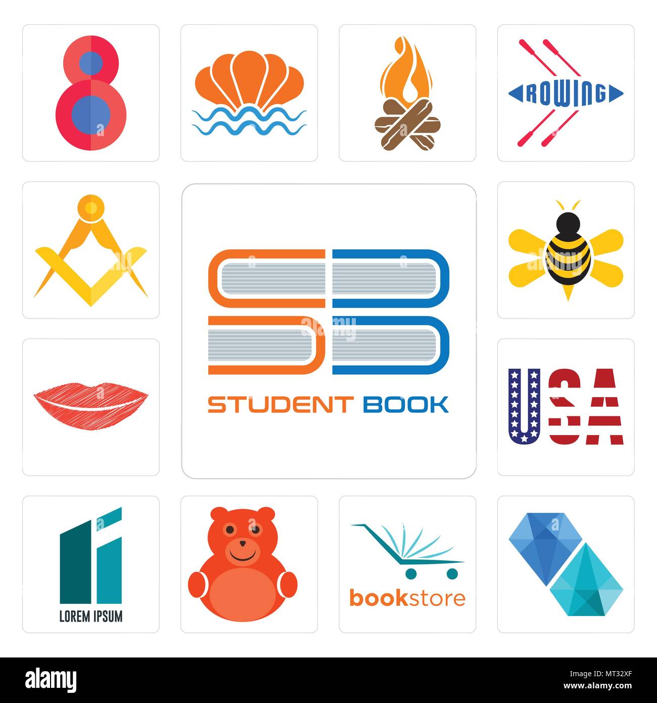 Set Of 13 simple editable icons such as student book, diamond, bookstore, cute bear, lorem ipsum, american flag, lip, honey bee, masonic can be used f Stock Vector