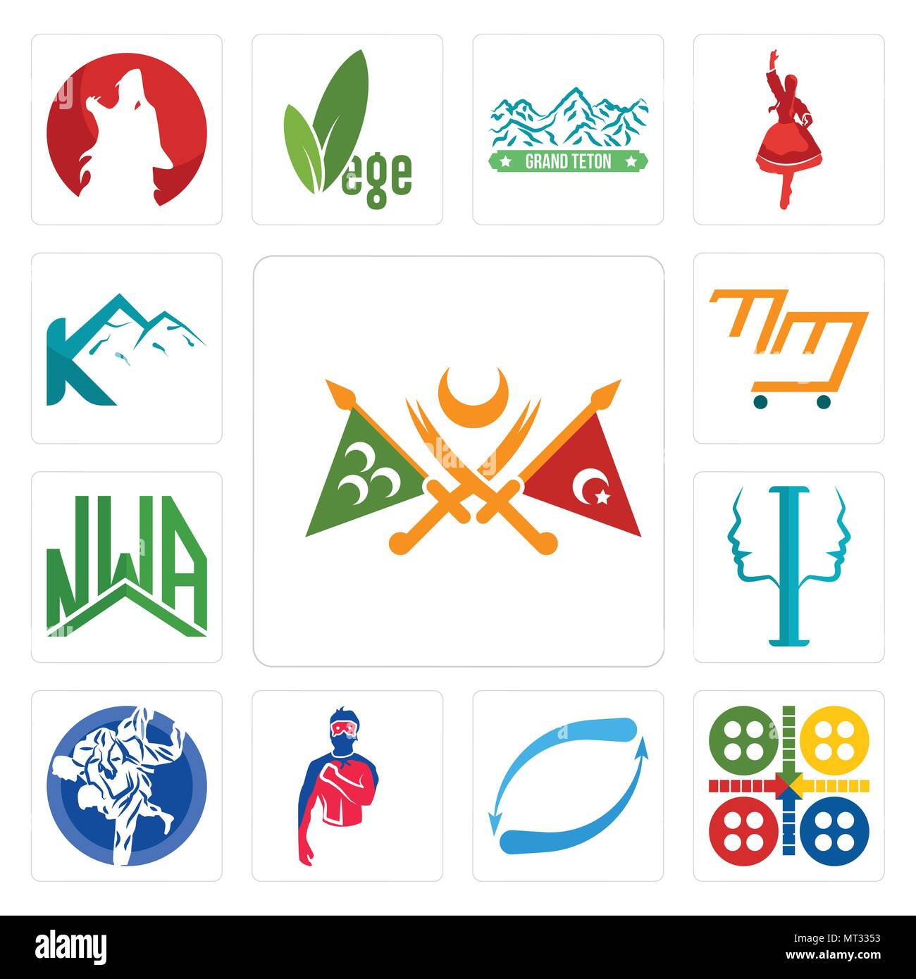 Set Of 13 simple editable icons such as ottoman empire, ludo, retweet, generic superhero, jiu jitsu, psycology, nwa, mini mart, k mountain can be used Stock Vector