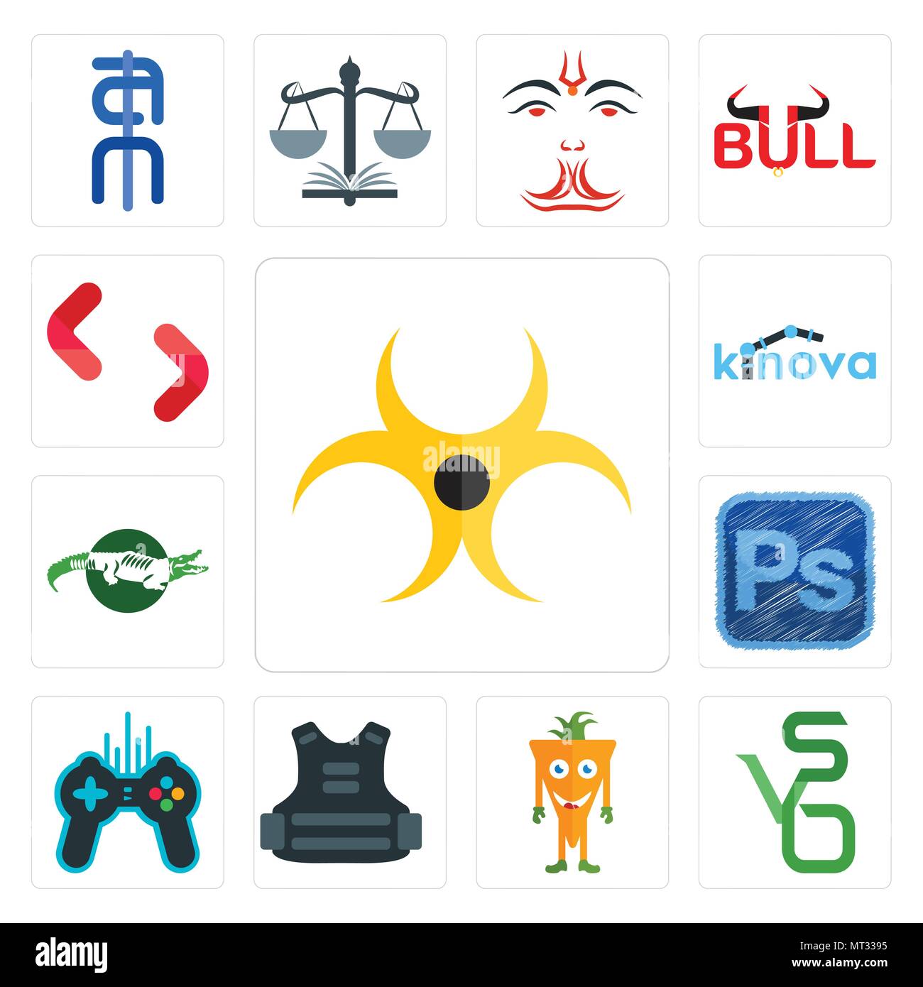 Set Of 13 simple editable icons such as biohazard, bvs, mascot, body armor, free gaming, photoshop, crocs, kinova, SH can be used for mobile, web UI Stock Vector