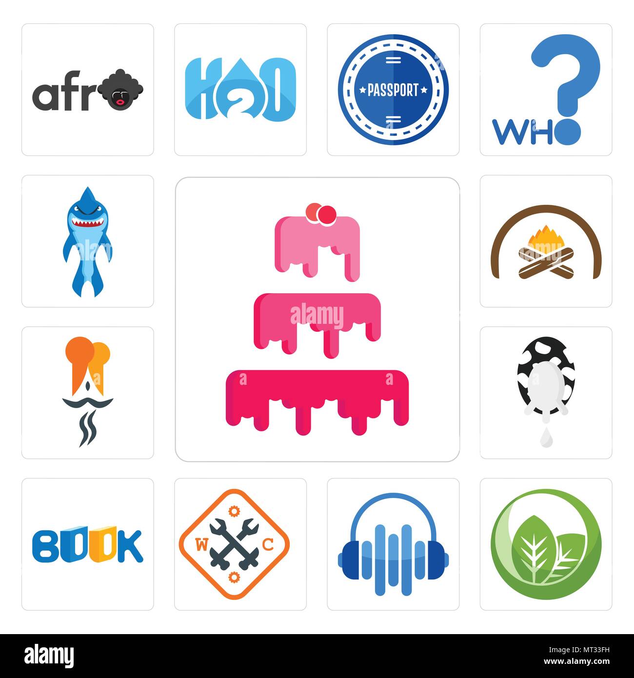 Set Of 13 simple editable icons such as cake company, leaf, audio visual, working class, book, milk indian restaurant, hearth, shark mascot can be use Stock Vector