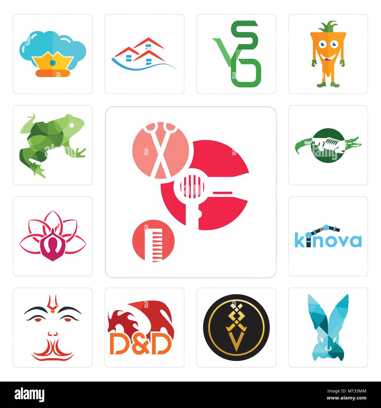 Set Of 13 simple editable icons such as salon, deceit, luxury, dungeons and dragons, anjaneya, kinova, lotus, crocs, big frog can be used for mobile,  Stock Vector