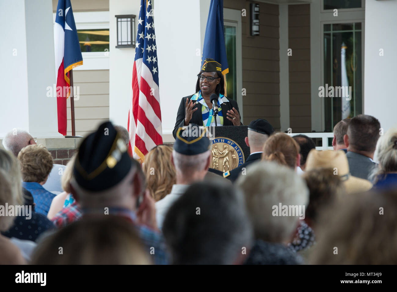 Kentucky Lieutenant Govenor Jenean Hampton address a crowd filled with veterans during the Grand