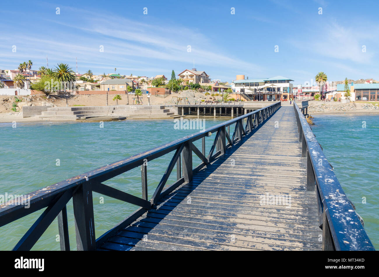 Luderitz, Namibia - July 08 2014: View over Luderitz from wooden jetty at sea on bright sunny day Stock Photo