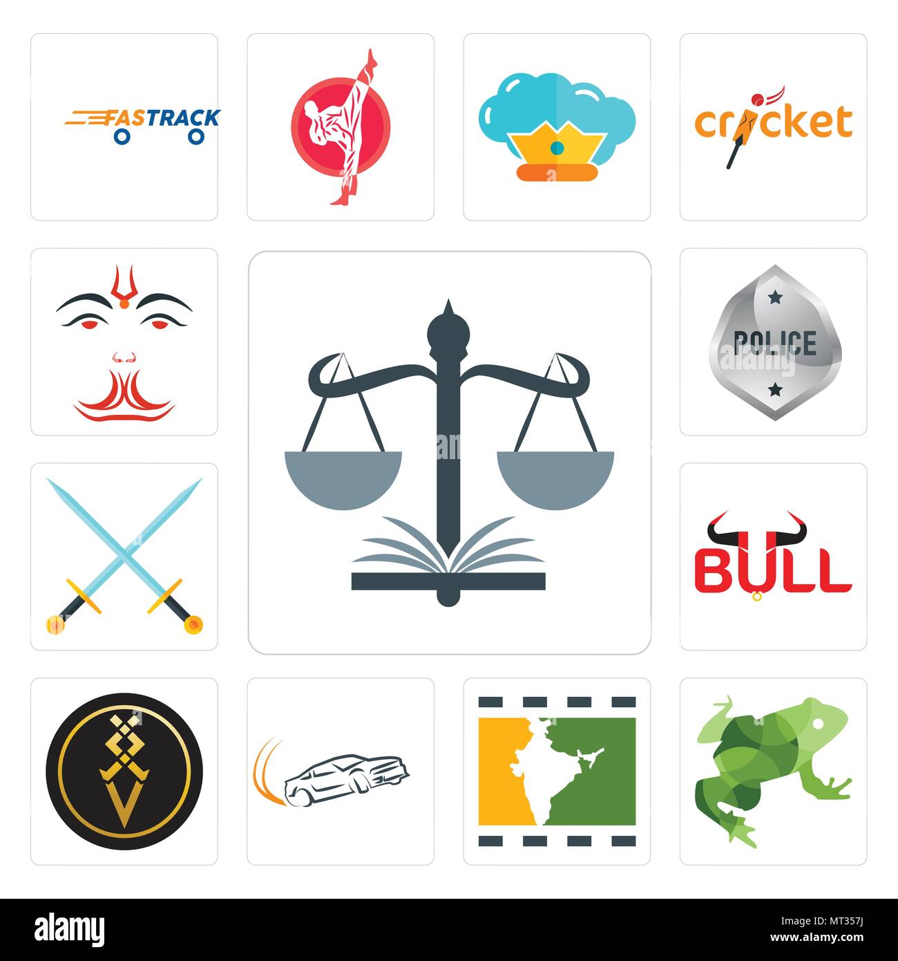 Set Of 13 simple editable icons such as naacp, big frog, bollywood, drift, luxury, bull, excalibur, generic police, anjaneya can be used for mobile, w Stock Vector