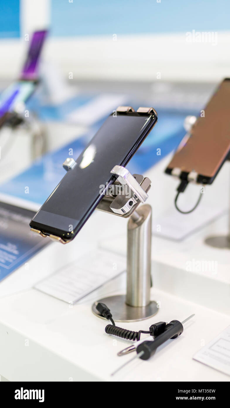 Close up of cell phones or mobile phones on display in a modern, clean