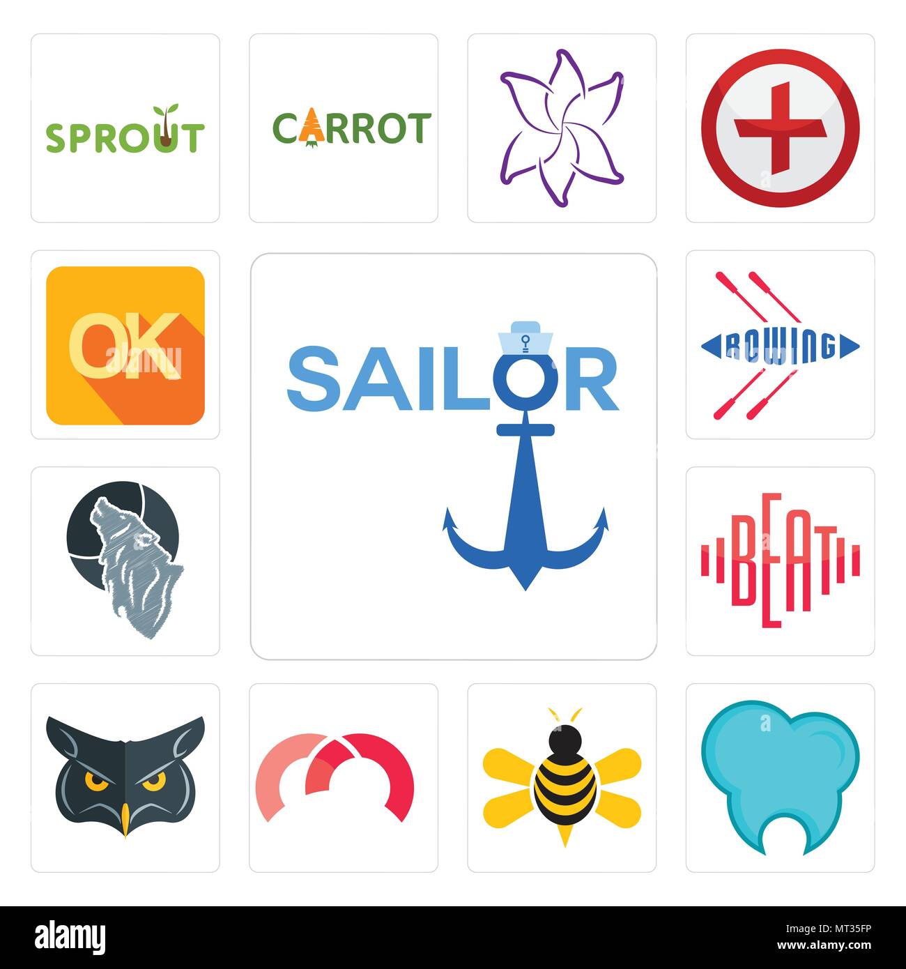 Set Of 13 simple editable icons such as sailor, dental clinic, honey bee, m, , beat, wolf, rowing, can be used for mobile, web UI Stock Vector