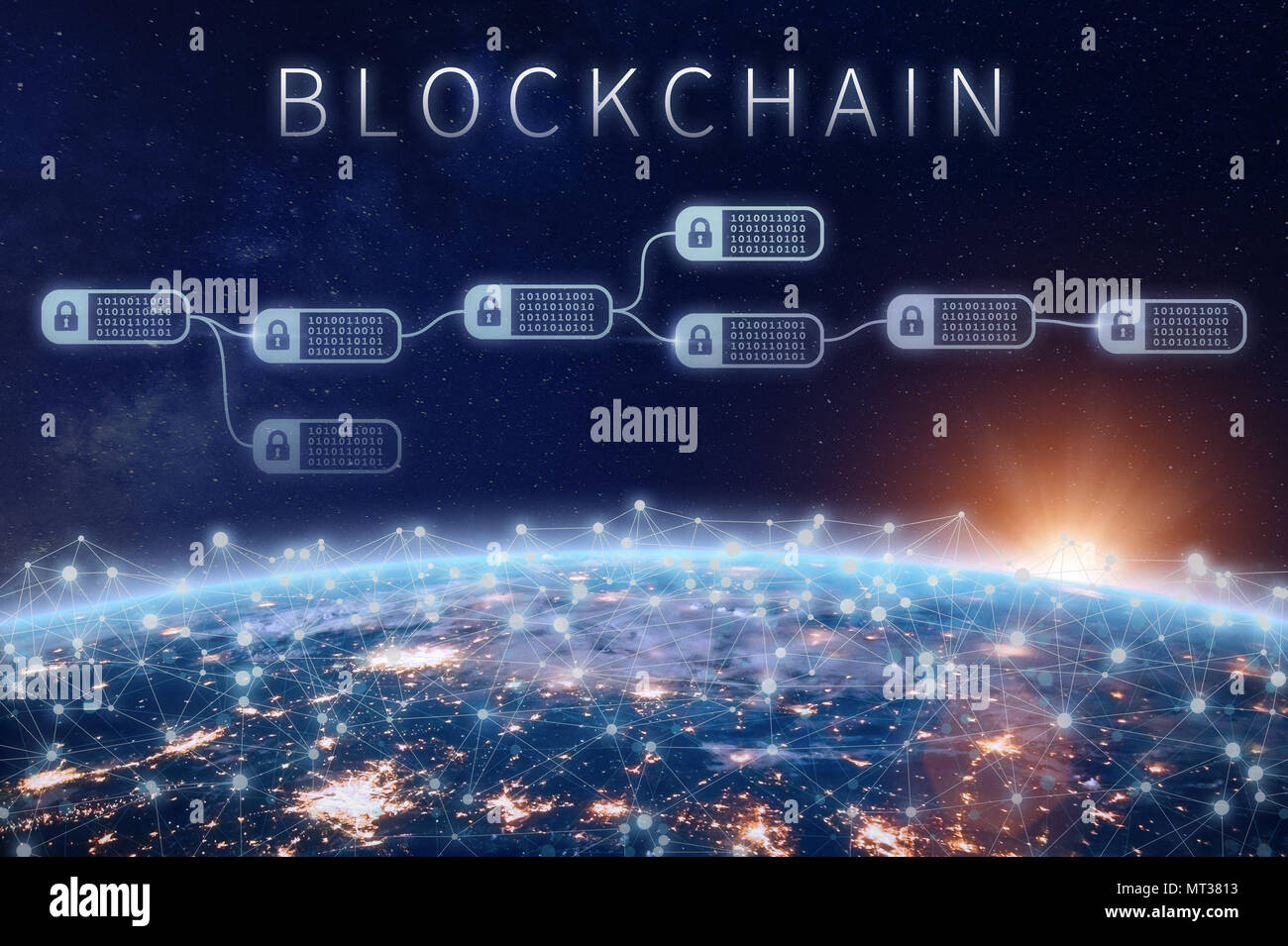 Blockchain financial technology concept with network of encrypted chain of transaction block linked around planet Earth, cryptocurrency ledger (Bitcoi Stock Photo