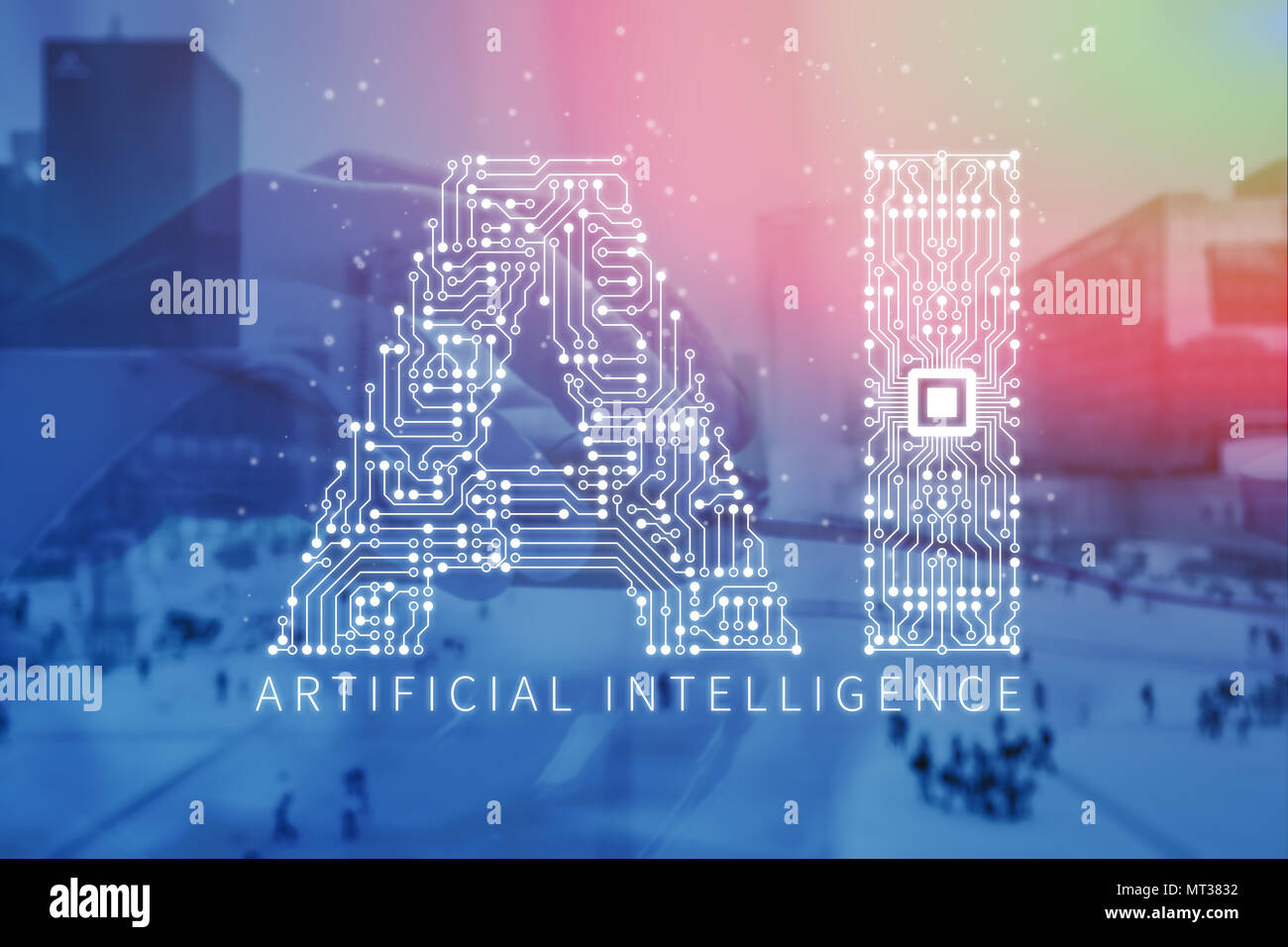 Artificial Intelligence technology double exposure with AI text made of electronic circuit board and person hand using computer mouse and office build Stock Photo