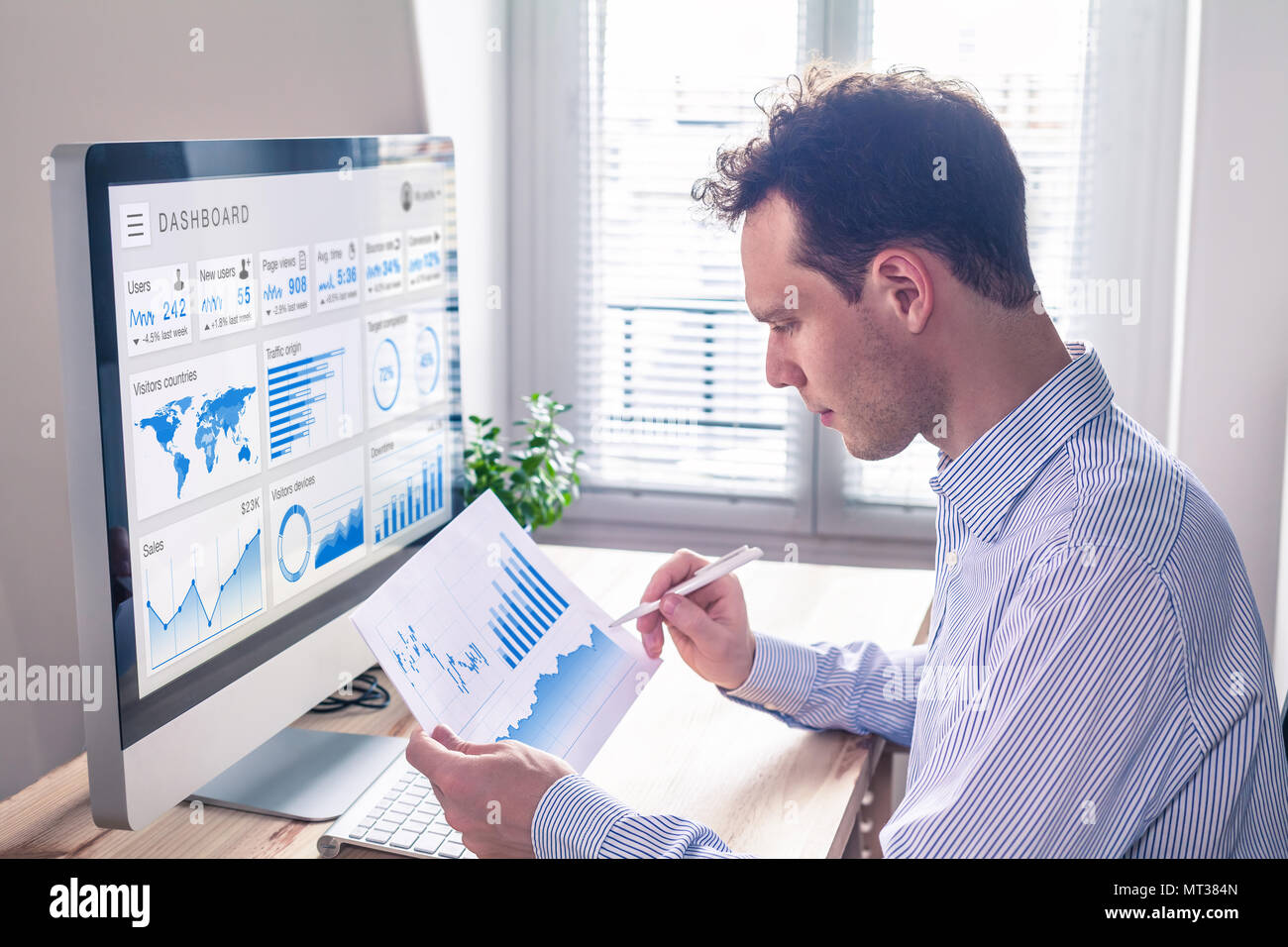Digital marketing analytics technology with metrics and key performance indicators dashboard on computer screen, person analyzing data chart and adver Stock Photo