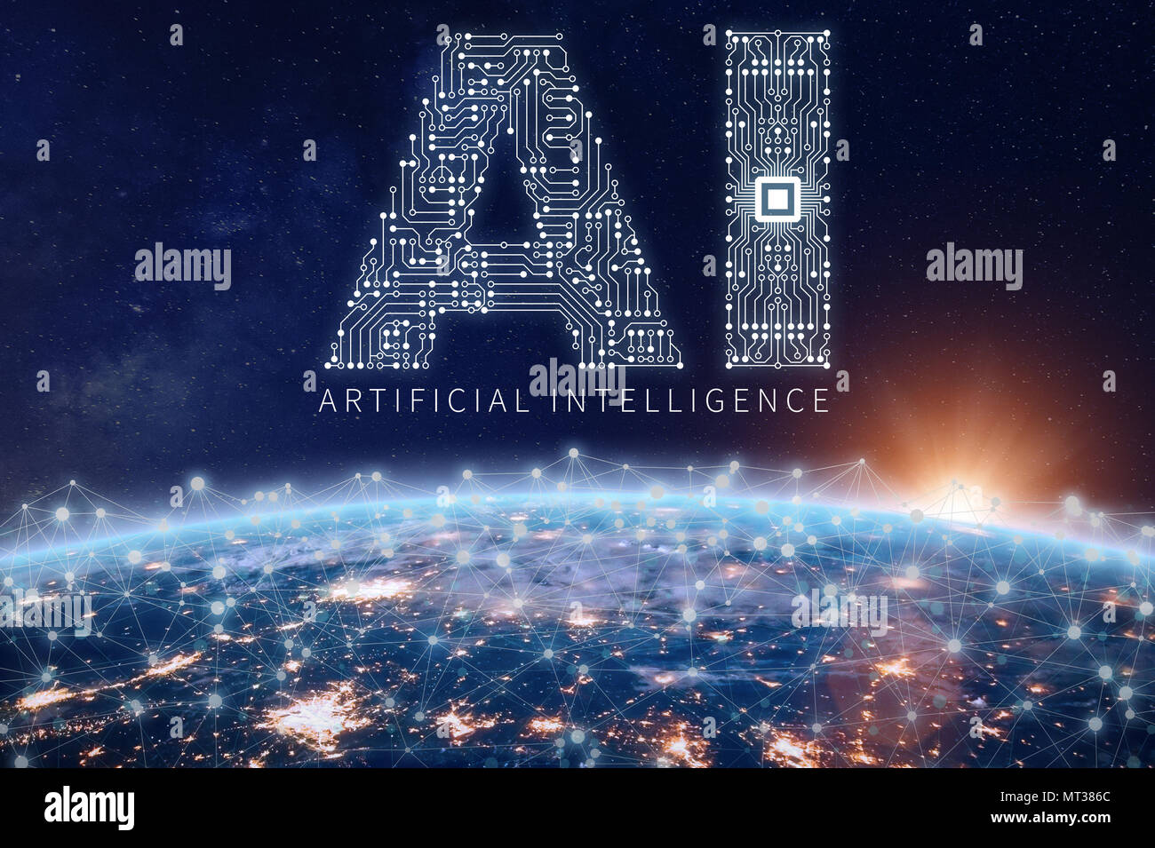 Artificial Intelligence technology concept with text AI made of electronic circuit board with microchip above planet Earth with connected network, dat Stock Photo