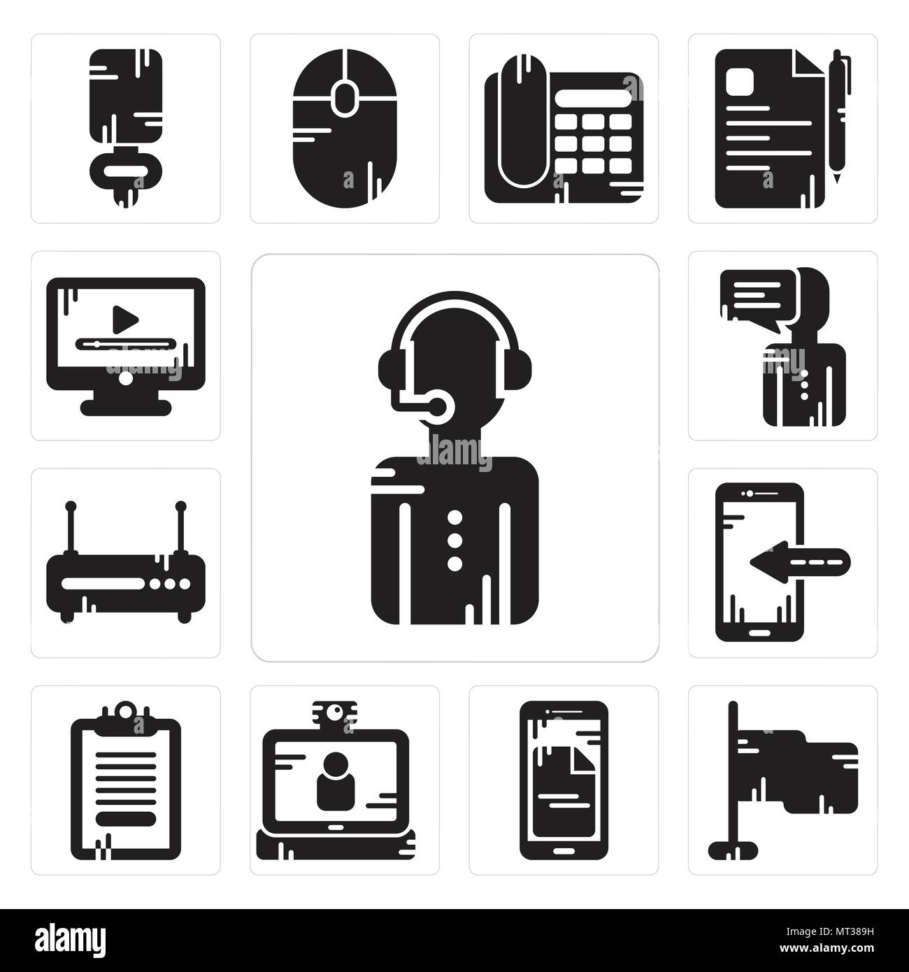 Set Of 13 simple editable icons such as News reporter, Flag, Smartphone, Video call, Clipboard, Router, User, player can be used for mobile, web UI Stock Vector