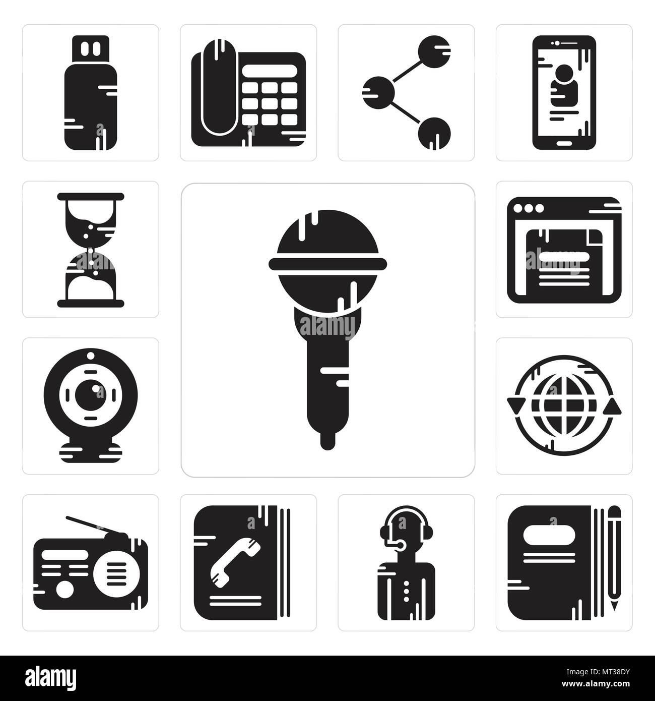 Set Of 13 simple editable icons such as Microphone, Book, News reporter,  Phone book, Radio, Earth grid, Webcam, Browser, Hourglass can be used for  mob Stock Vector Image & Art - Alamy