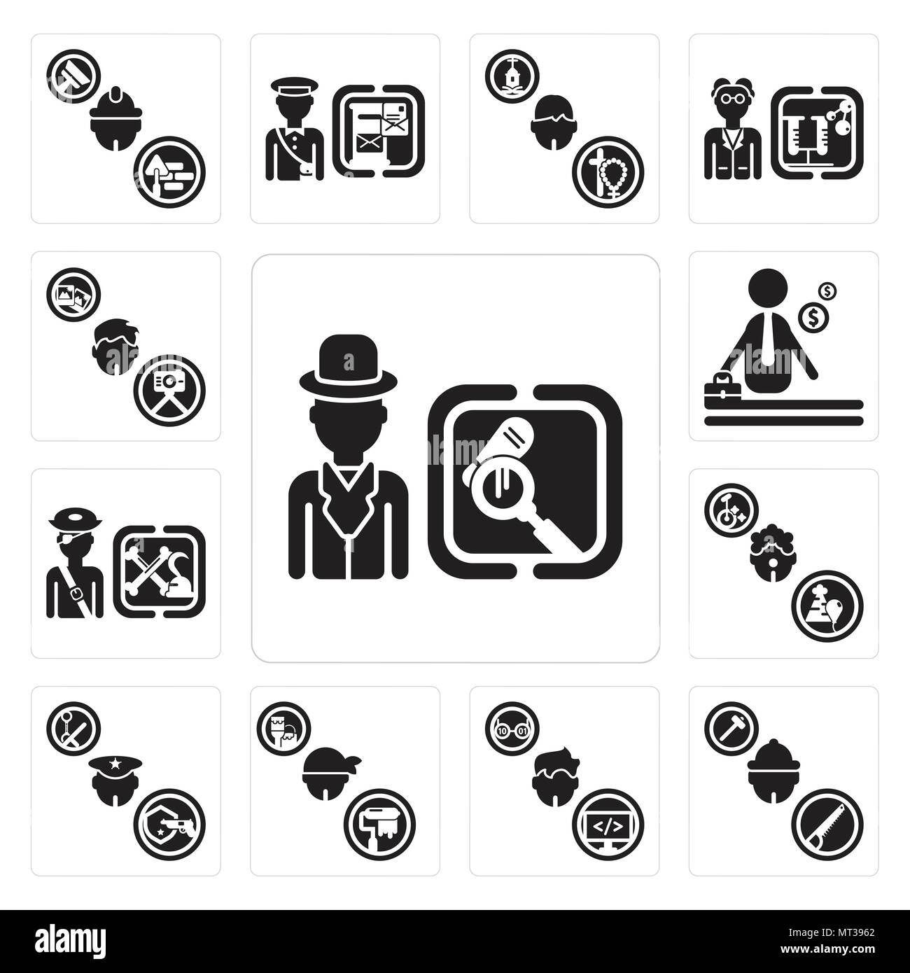 Set Of 13 simple editable icons such as Detective, Carpenter, Programmer, Dyer, Policeman, Clown, Pirate, Businessman, Photographer can be used for mo Stock Vector