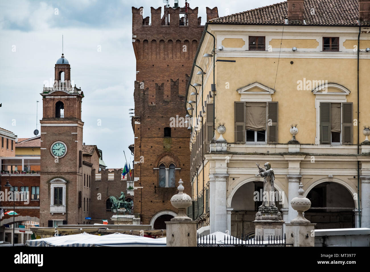 FERRARA, ITALY - May 01, 2018:  Trieste and Trento square with Victoria tower and clock tower, Ferrara, Emilia-Romagna, Italy Stock Photo