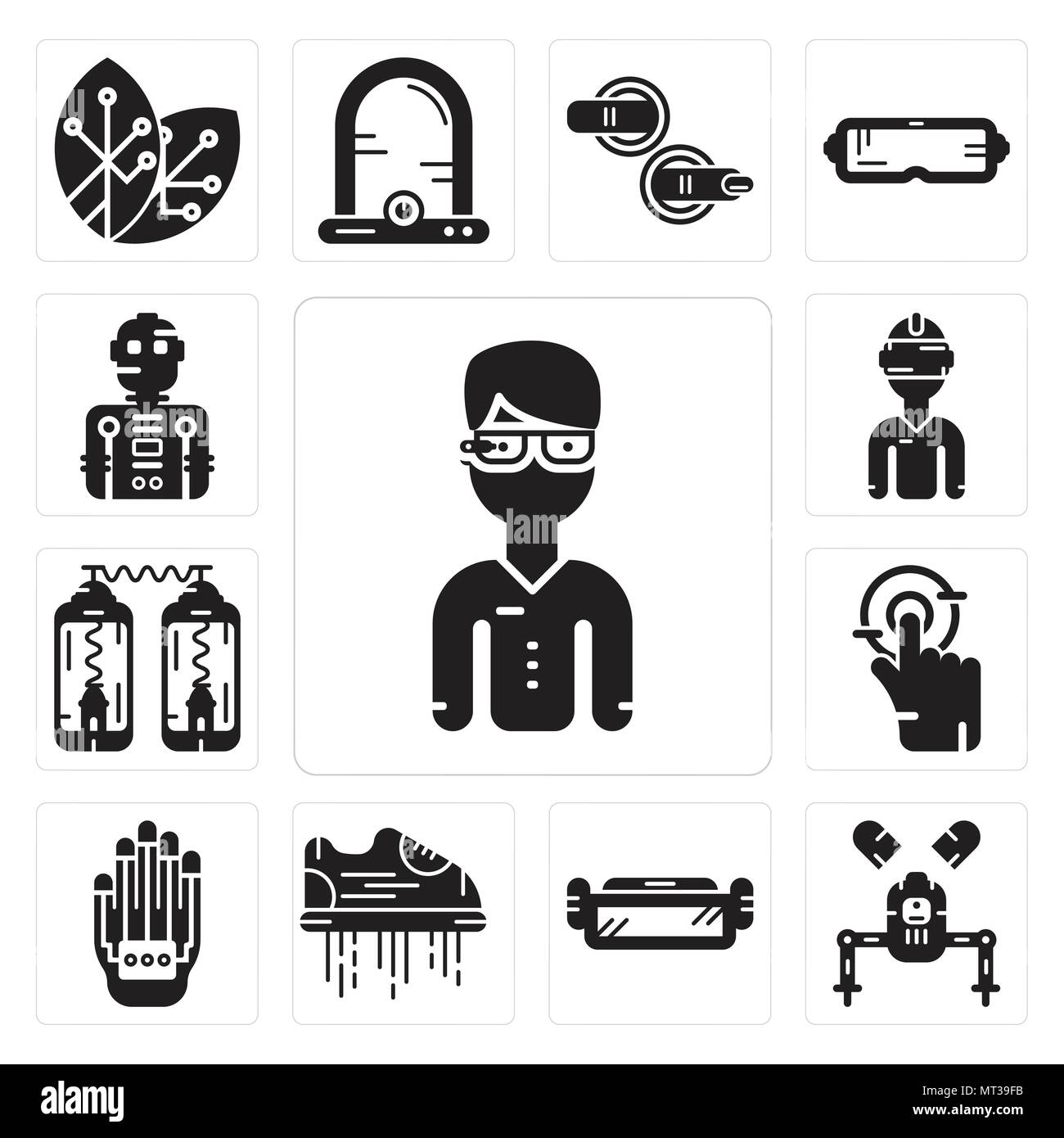 Set Of 13 simple editable icons such as Google glasses, Robot, Ar Flying shoes, Wi gloves, Tap, Teleportation, Vr Robot can be used for mobile, web UI Stock Vector