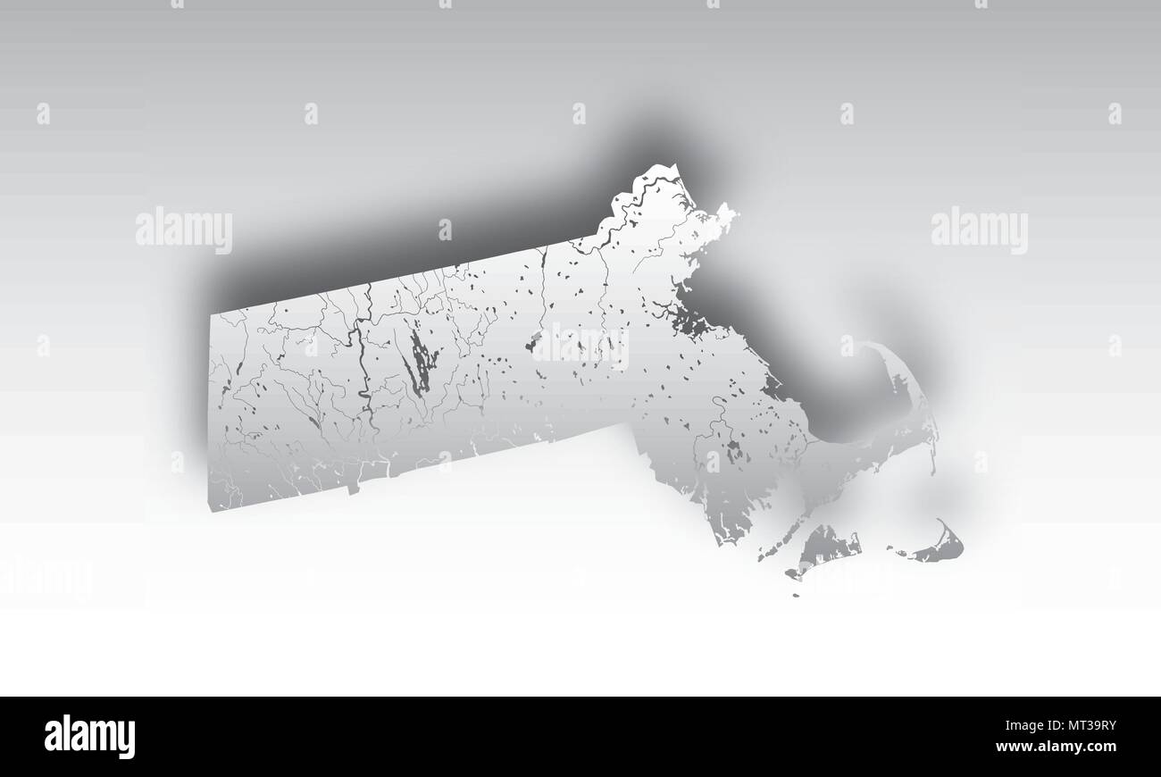U.S. states - map of Massachusetts with paper cut effect. Hand made. Rivers and lakes are shown. Please look at my other images of cartographic series Stock Vector