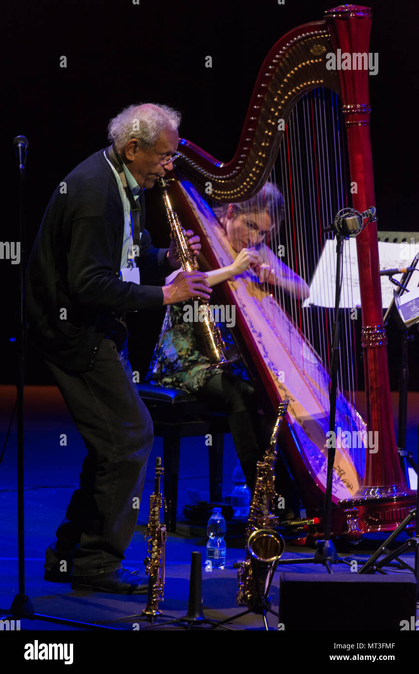 Rome, Italy. 26th May, 2018. Saxophonist and avant-garde composer and one of the fundamental figures of twentieth century music, he performed on 26/5/2018 at the Auditorium Parco della Musica in Rome. With him on stage Taylor Ho Bynum cornet and brass, Adam Matlock accordion, Dan Peck tuba, Jacqueline Kerrod and Miriam Overloch hard. Anthony Braxton Credit: Leo Claudio De Petris/Pacific Press/Alamy Live News Stock Photo