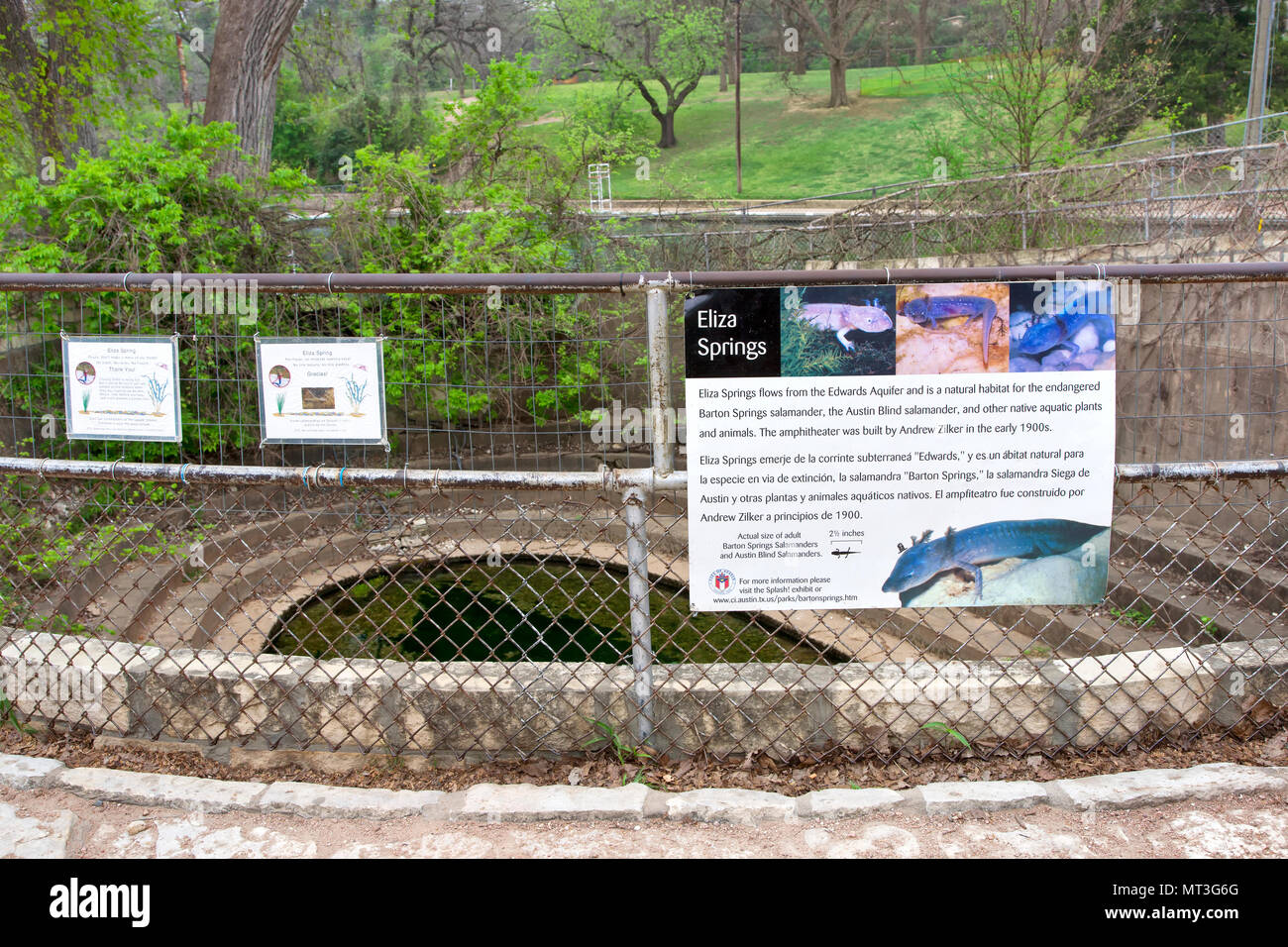Sign, designating natural habitat for the endangered Barton Springs & Austin Blind Salamanders. Stock Photo