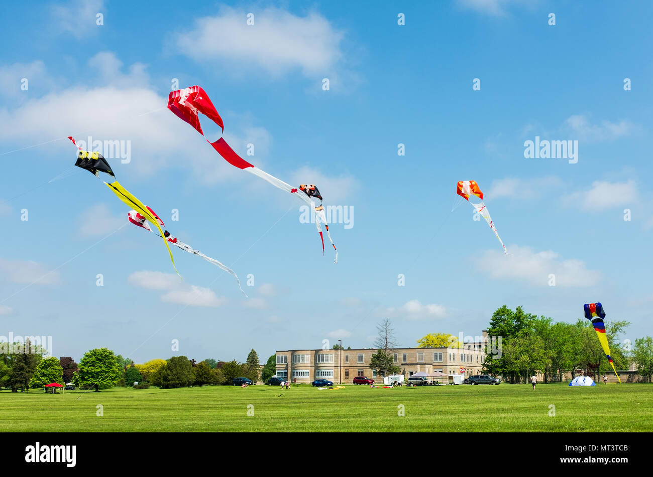 St. Thomas, Canada - May 27, 2018. Kites take to the air during the annual kite festival. Stock Photo