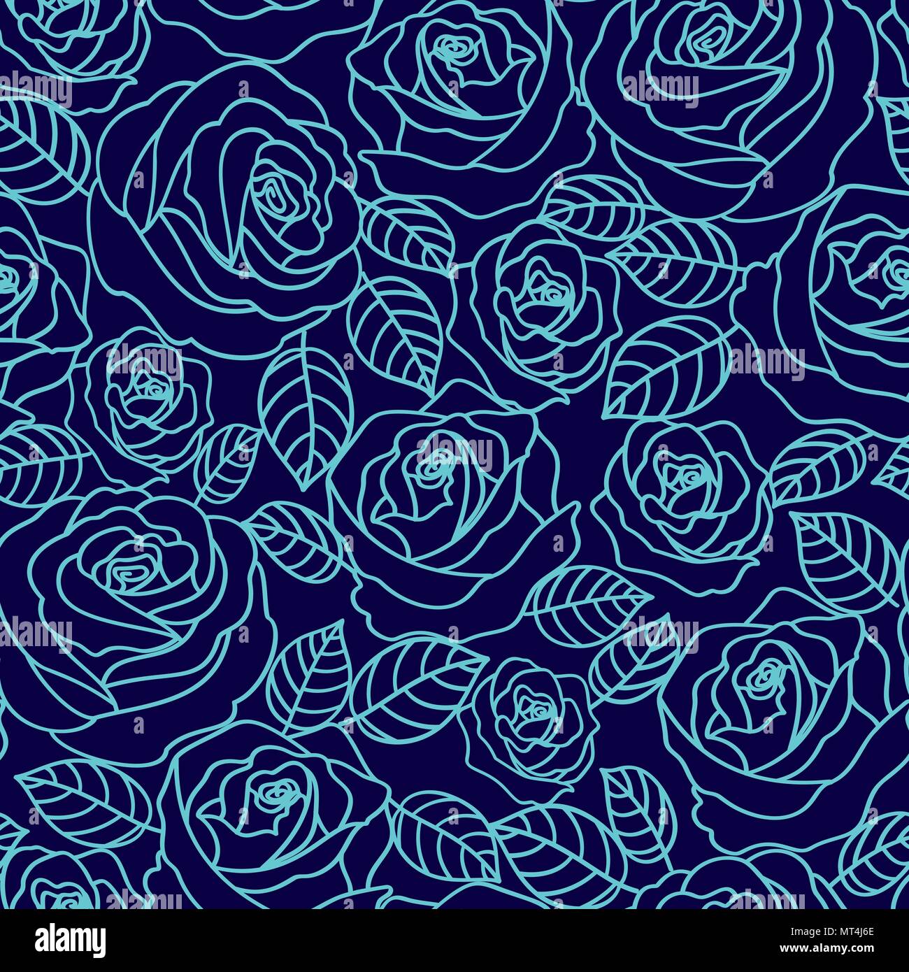 Pale blue outline roses on the navy blue background vector seamless pattern Stock Vector