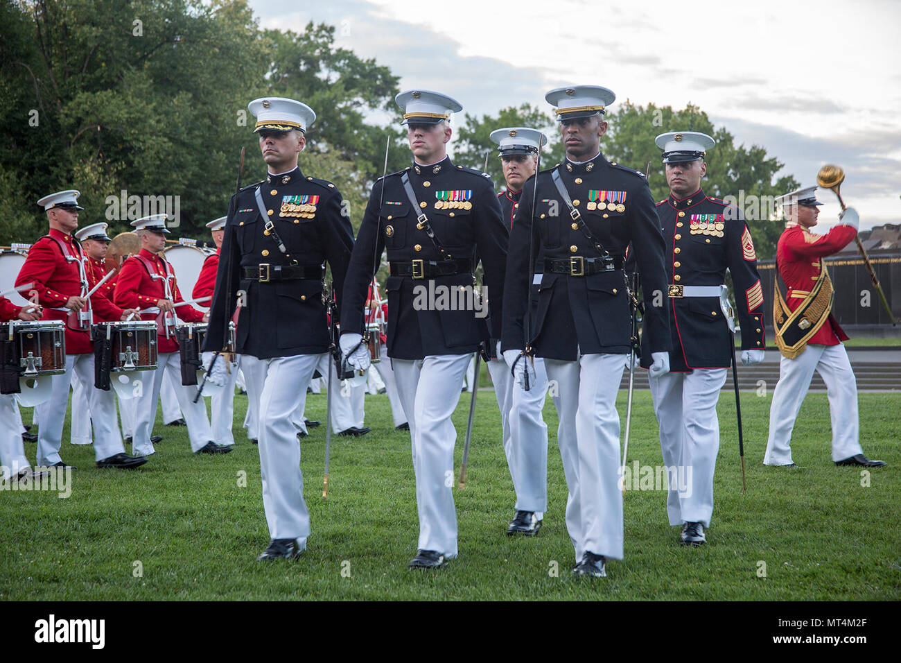 Marines of the parade staff, Marine Barracks Washington D.C., march to ...